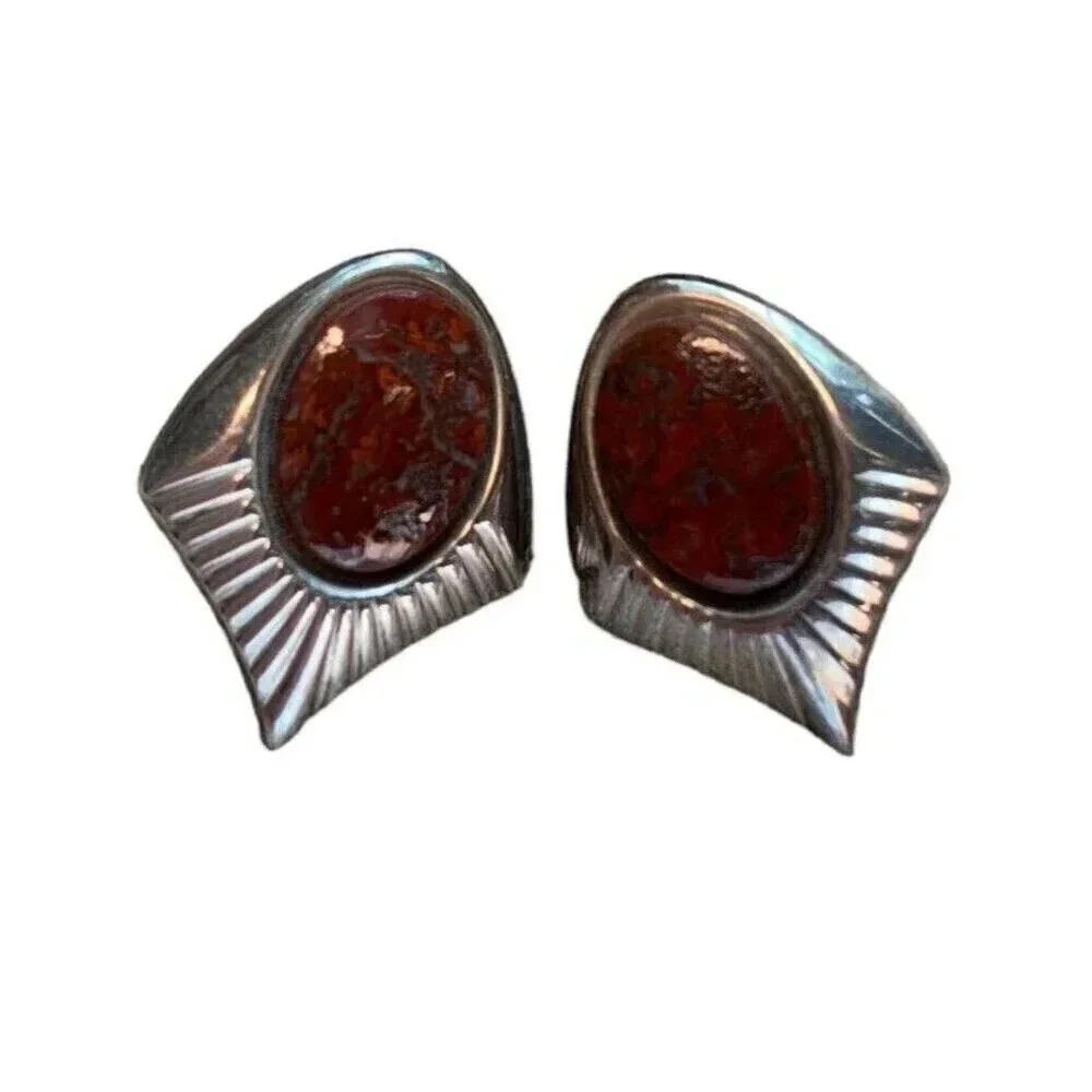 Vintage Silver  Brecciated Jasper Earrings Oval Stone Boho Hippie Natural 1in